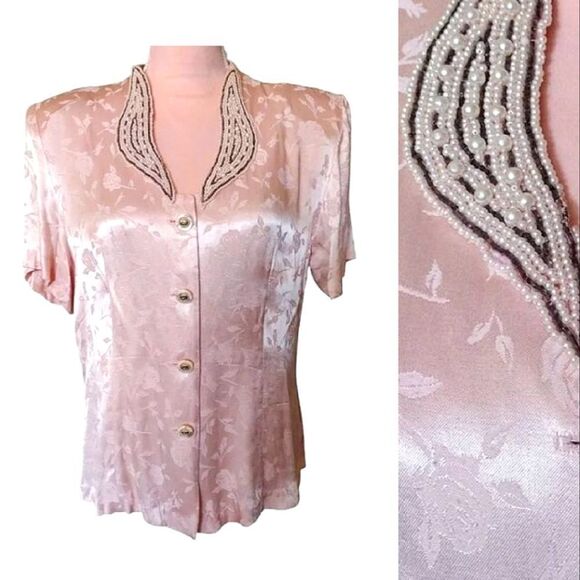 VTG 80s Pink Floral Satin Beaded Pearl Applique Button Up Cottagecore Blouse XL - Picture 1 of 17